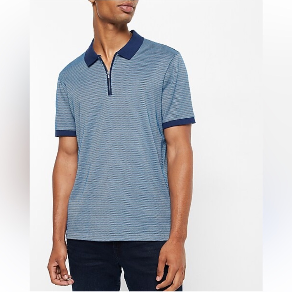 Express Men’s Size Large Blue Tipped Jacquard Zip Polo Shirt